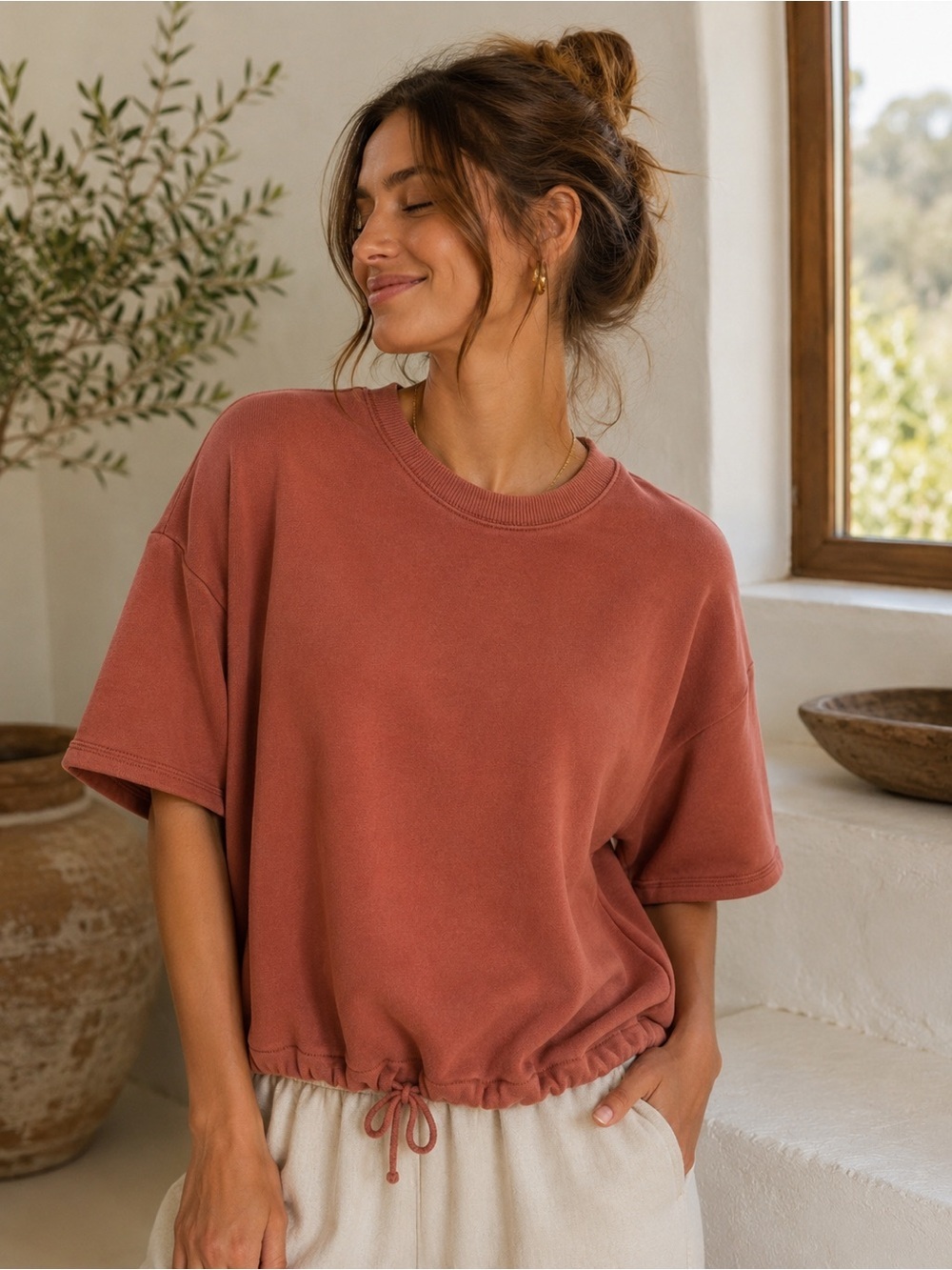 American Eagle Relaxed Drawstring Hem Light Crewneck Sweater in Rust